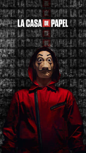 穿著紅色連帽衫和達利面具的人，背景為「La Casa de Papel」文字。