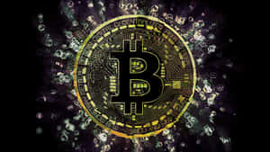 金色比特幣標誌，帶有電路圖案，被漂浮的數字元素包圍。
