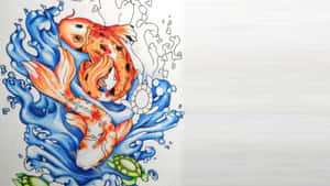 兩條錦鯉和一隻烏龜在日式藝術插圖中游過風格化的海浪。 — 錦鯉 壁紙