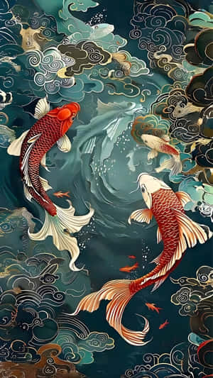 錦鯉在旋轉的雲朵中滑行，呈現風格化的傳統藝術作品。