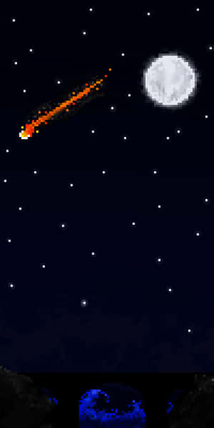 一顆像素化的流星在繁星點點的夜空中掠過滿月。 — 星星 壁紙