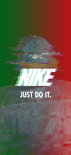 地球儀上的故障效果，帶有Nike標誌和口號，背景為紅綠漸變色。