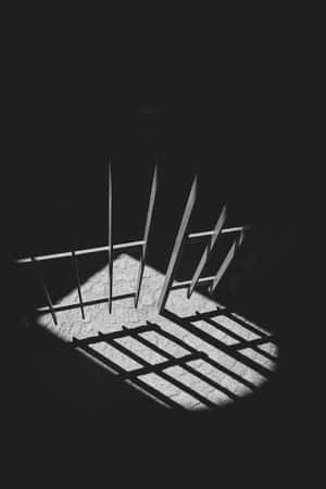 欄杆在黑暗空間中投射在紋理地板上的銳利陰影。