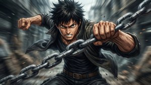 動漫戰士以強烈的表情抓住沉重的鎖鏈。