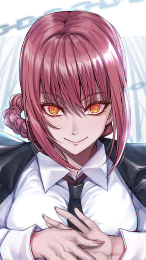 粉紅色頭髮、橙色發光眼睛的動漫女孩，穿著校服。
