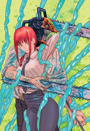 動漫女孩，電鋸頭，藍色鎖鏈，綠色背景