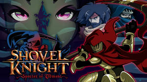 Shovel Knight 身穿紅色斗篷，手持鏟子面對擁有發光眼睛的黑暗敵人，遊戲藝術。