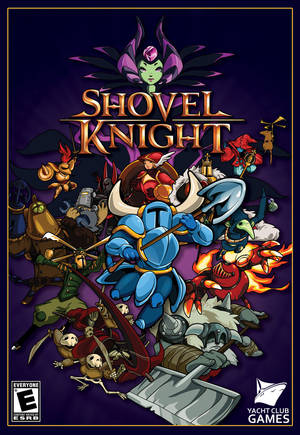 Shovel Knight 和盟友在色彩繽紛的奇幻遊戲海報中與敵人戰鬥。