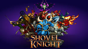 Shovel Knight和他的遊戲角色團隊，以色彩繽紛的像素藝術風格呈現。