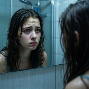 一位年輕女子濕著頭髮，悲傷地看著浴室鏡中的倒影。