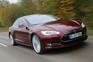 栗色Tesla Model S在秋葉中行駛。