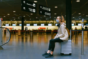 一名戴著口罩的旅客坐在一個空蕩蕩的機場客運大樓內的行李箱上。