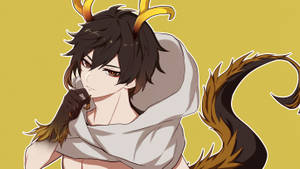 動漫男性角色，有鹿角和尾巴，穿著白色連帽衫。