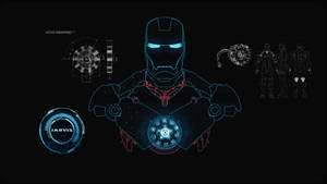 Iron Man發光嘅裝甲示意圖，帶有技術圖表喺黑暗嘅網格上。