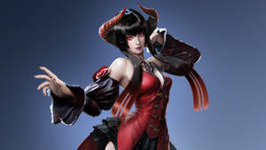 動漫惡魔女性穿著紅黑服裝戲劇性地擺姿勢。
