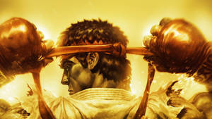 拳擊手在金色燈光下以勝利姿態高舉拳頭。