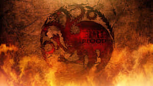 一個紅色龍紋章，上面有「Fire and Blood Targaryen」文字，在裂開的地面上被火焰吞噬。