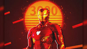 身穿紅金盔甲的鐵甲奇俠站在發光的「3000」日落前。 — 漫威 壁紙