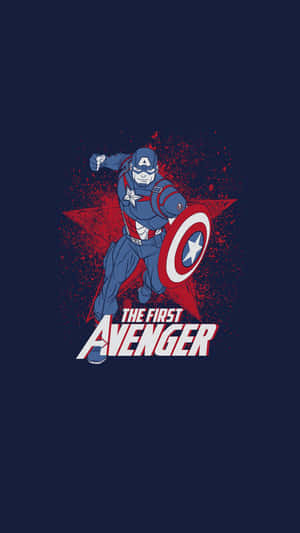 美國隊長在深藍色背景上手持盾牌，並帶有「The First Avenger」文字。 — 漫威 壁紙