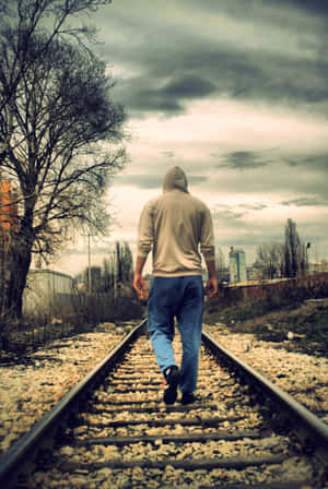 穿連帽衫的人在陰天火車軌道上走開