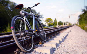 銀色單車靠在鐵路軌上，旁邊有綠樹和碎石。