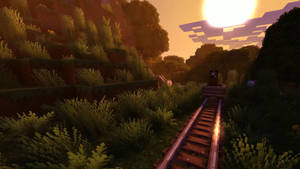 夕陽下穿過長滿草的森林的木製軌道上的Minecraft火車。