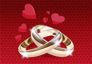 兩個交織的金色結婚戒指，在紅色心形圖案背景上漂浮著心形。