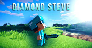 Minecraft Steve穿著鑽石盔甲在草地上拿著劍。