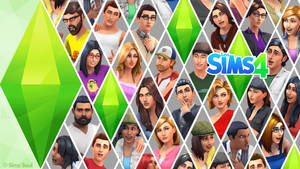 《The Sims 4》的宣傳藝術作品，展示了一個由多樣化角色肖像組成的網格。