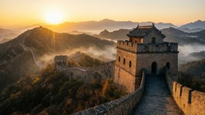 日出時分的萬里長城，背景是霧氣繚繞的山巒