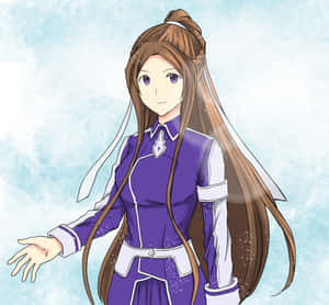 穿著紫色和白色服裝的長棕色頭髮動漫女孩溫柔地微笑。 — 低調 壁紙