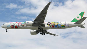 帶有Hello Kitty塗裝的飛機在藍天白雲中飛行。