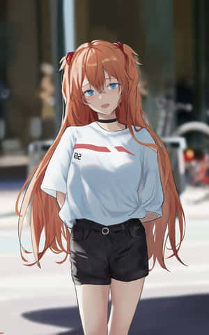 長橙色雙馬尾、藍眼睛的動漫女孩，穿著休閒城市服裝。 — Nubia Flip2 壁紙