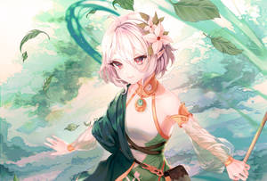 粉紅色頭髮和花卉飾品的動漫女孩漂浮在綠色葉風中。
