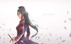 穿著紫色制服的動漫女孩手持劍，周圍有飄落的粉紅花瓣。 — 16:10 壁紙