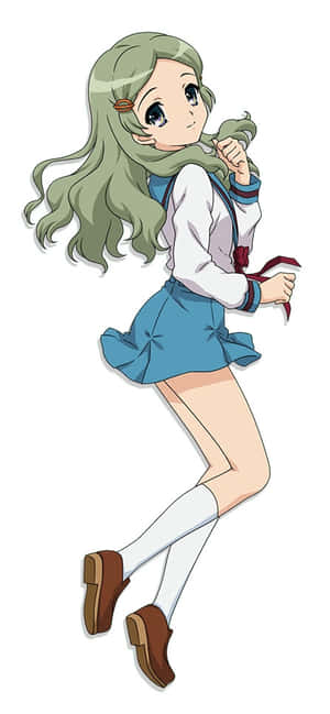 綠髮的動漫女孩穿著校服微笑並拿著圍巾。 — HMD Aura 2 壁紙