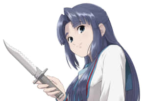 藍色頭髮的動漫女孩穿著校服拿著一把鋸齒刀。 — 古勒比加 壁紙
