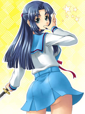 藍色校服的動漫少女在黃色背景上手持劍和星星。 — 宿儺 壁紙