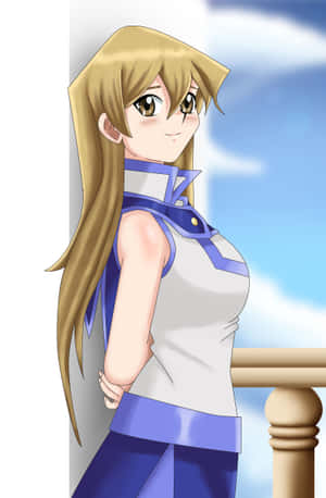 金髮動漫女孩穿著藍白衣服，靠在陽台欄杆上。 — Honor MagicPad4 壁紙