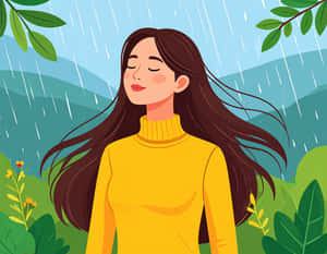一位身穿黃色毛衣的女性在雨中閉上眼睛，周圍是綠色植物和山脈。 — 8K 壁紙