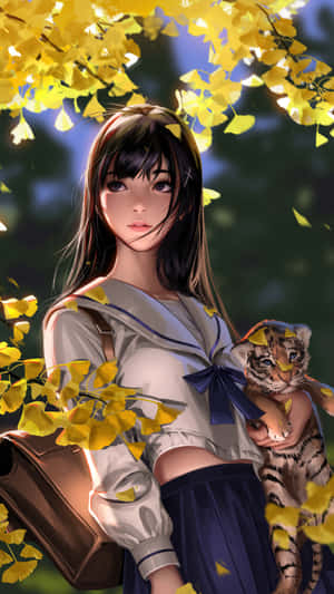 穿著校服的動漫女孩在金色銀杏樹下抱著一隻小老虎。 — 動漫女孩 壁紙