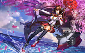穿著水手服的動漫女孩坐在軍艦上，櫻花飄落。