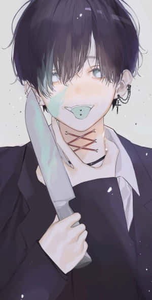 動漫男孩溫柔微笑，手持刀，身穿深色衣服。