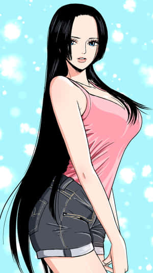 長黑髮、身穿粉紅上衣和牛仔短褲的動漫女孩站在閃爍的藍色背景前。