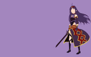 長髮持劍的動漫女戰士，紫色背景 — 1280x800 壁紙