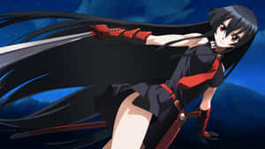 身穿黑紅服裝的動漫戰士少女在星空下持劍。 — 斬！赤紅之瞳 GIF 壁紙