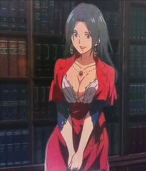 穿著紅色西裝外套和束腰的動漫女性站在有書架的圖書館中。 — 小米Mix Flip 2 壁紙