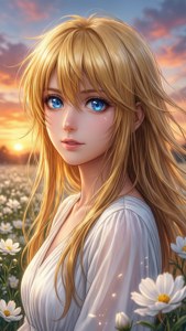 金色頭髮和藍色眼睛的動漫女孩，在夕陽下的白色花田中。