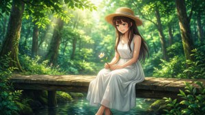 動漫女孩穿白色連衣裙在森林橋上持花於晴天