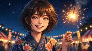 一位微笑的動漫女孩穿著花卉和服，在星空下的夜間節日中手持仙女棒。